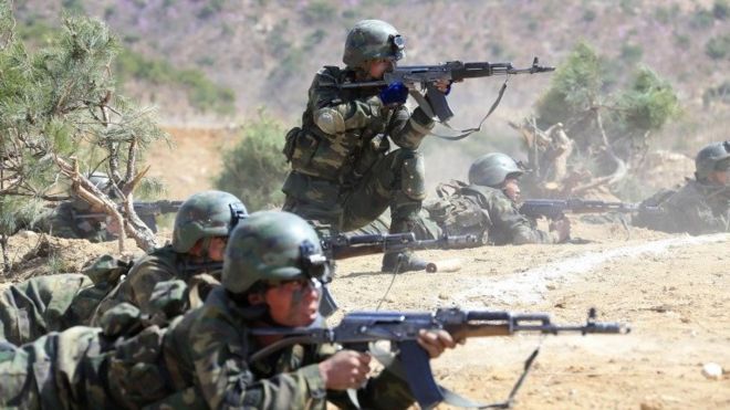 File picture provided by North Korea's official news agency of soldiers, special operations forces, training, 14 April 2017