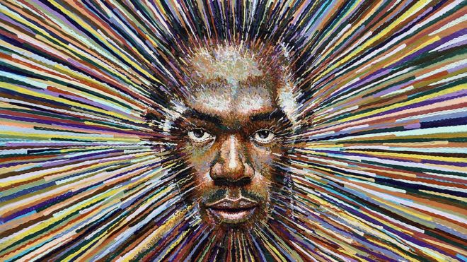 லண்டனில் 2012 ஜூலை 10 ஆம் தேதி தெரு ஓவிய கலைஞர் ஜேம்ஸ் கொக்ரான் வரைந்த வேகமான ஓட்டப்போட்டி ஜாம்பவான் உசைன் போல்ட்டின் உருவப்படம்