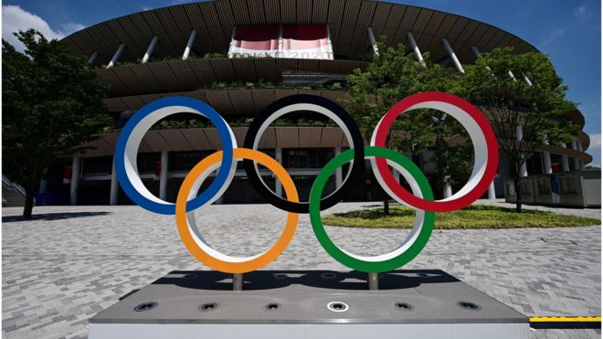 The Olympic rings outside Tokyo's Olympic stadium