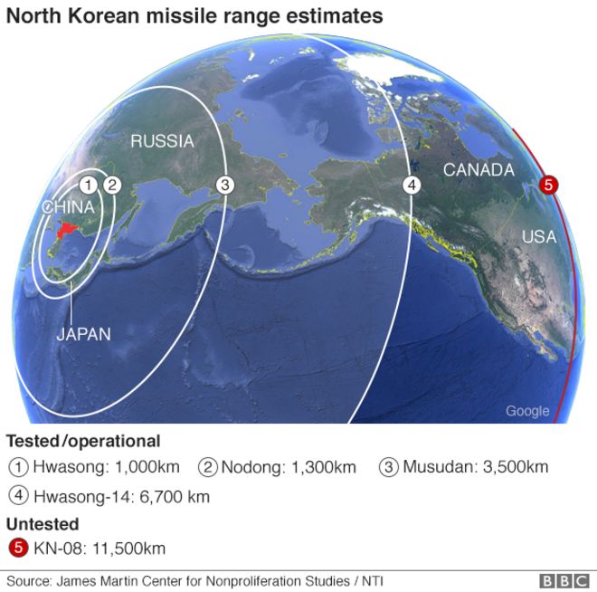 Карта, показывающая оценки дальности северокорейских ракет