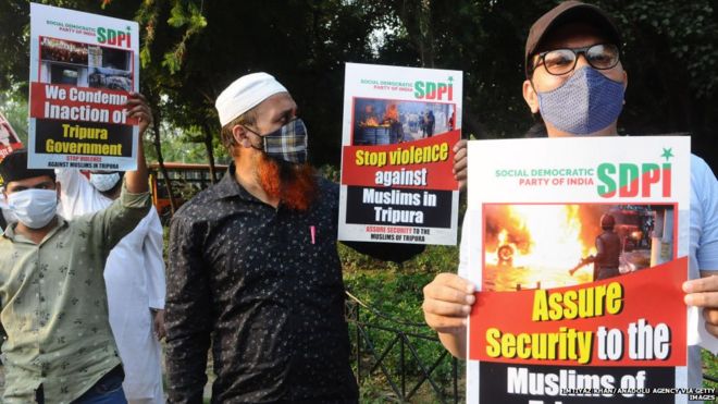 त्रिपुरा में हिंसा के विरोध में दिल्ली में शुक्रनार को प्रदर्शन हुए