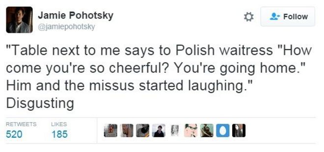Чирикать: «Стол рядом со мной говорит польской официантке» Почему ты такой веселый? Вы идете домой. & Quot; Он и миссис начали смеяться. Отвратительно