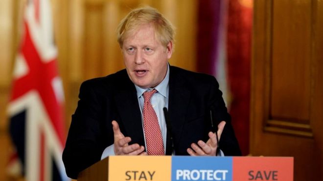 Britain"s Prime Minister Boris Johnson speaks during his first remote news conference on the coronavirus disease (COVID-19) outbreak, in London, Britain March 25, 2020