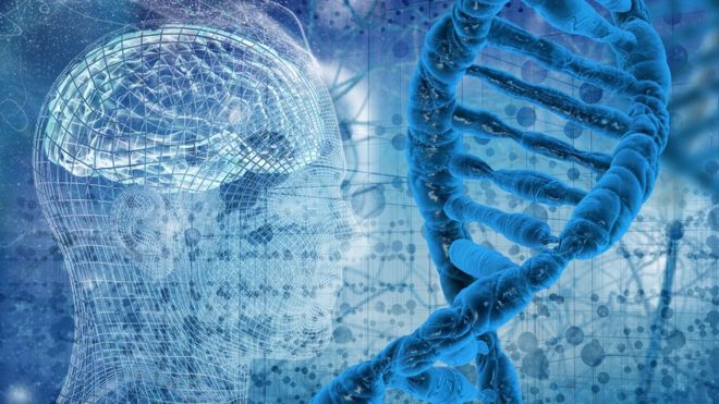 Graphic of DNA double helix and human head and brain