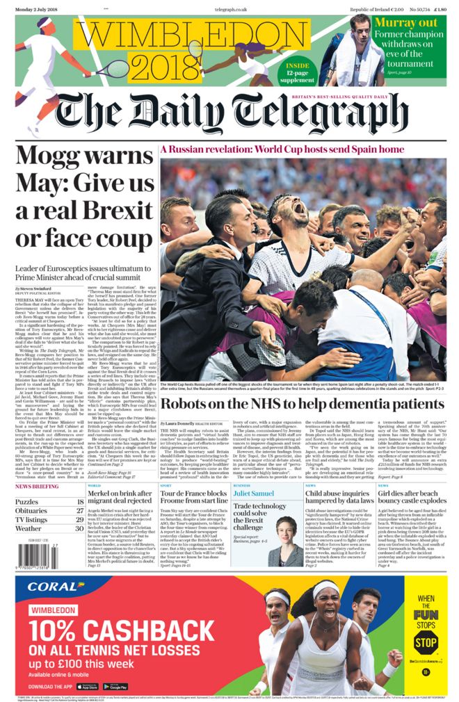 Daily Telegraph front page - 02/07/18