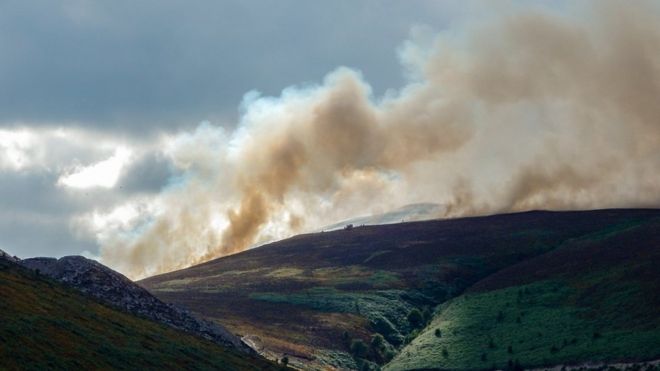 Дым от пожаров в болотистой местности Денбишира