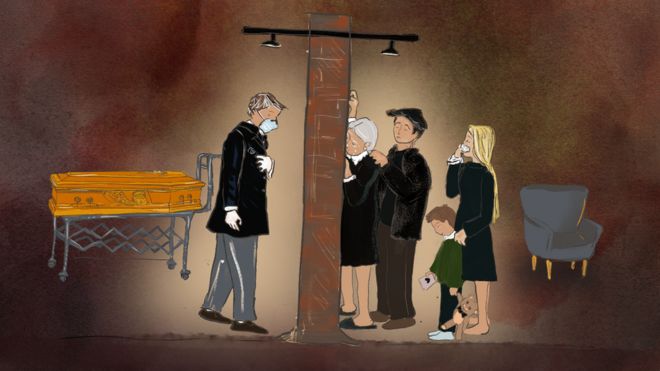 Ilustración: una pared separa a una familia en duelo de una persona fallecida.