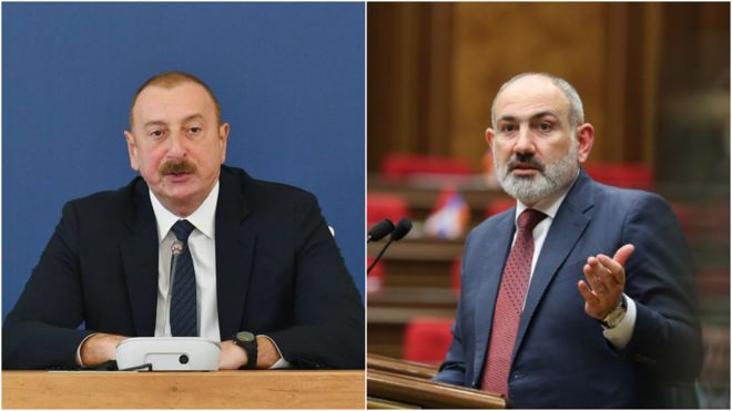 İlham Əliyev (solda) və Nikol Paşinyan (sağda)