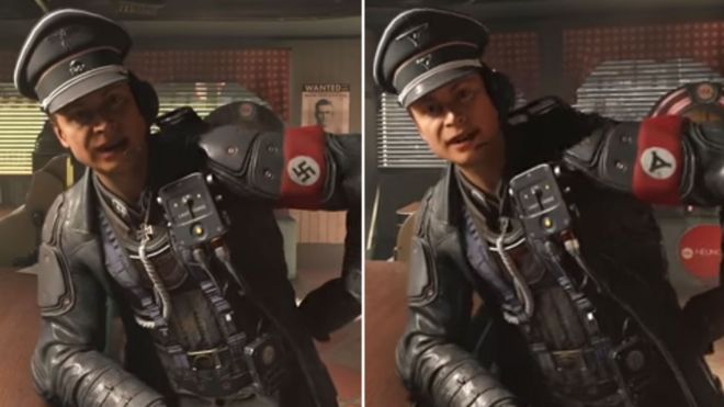 A pair of screenshots from Wolfenstein II: The new Colossus. On the left, a German solider is shown wearing his swastika armband. On the right, in the German release, the swastika has been replaced with a triangular icon