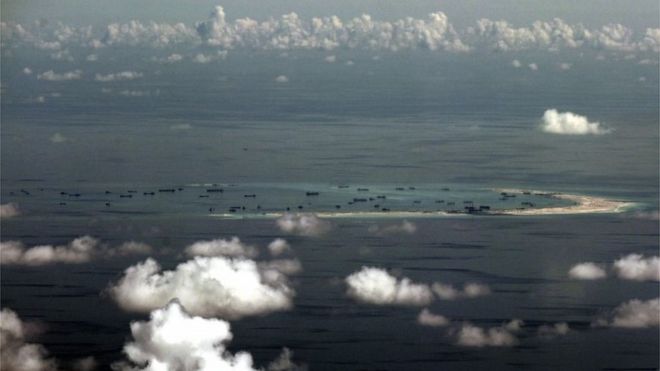 Aerial view of alleged man-made islands in South China Sea