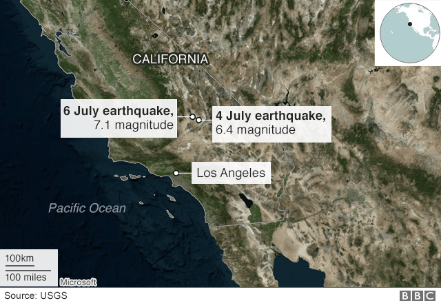 Карта 4 и 6 июля калифорнийских землетрясений