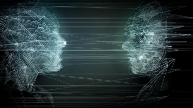 Dos rostros dibujados con cables de fibra óptica