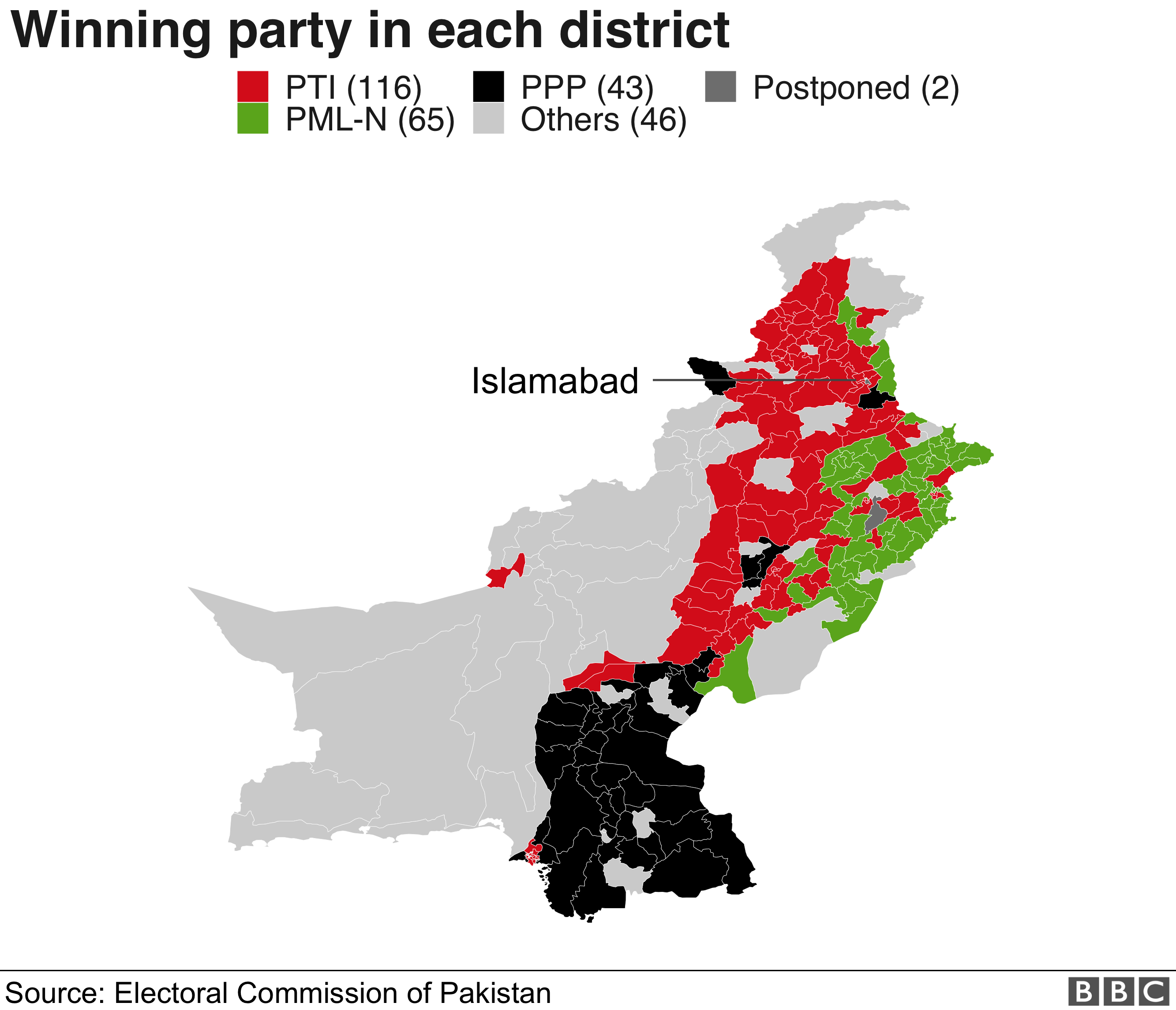Карта, показывающая победы партий по округам, на выборах в Пакистане. 26 июля 2018 года