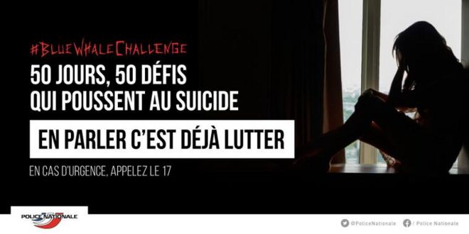 Предупреждение от французской полиции о так называемом Blue Whale Challenge, размещенное в Facebook