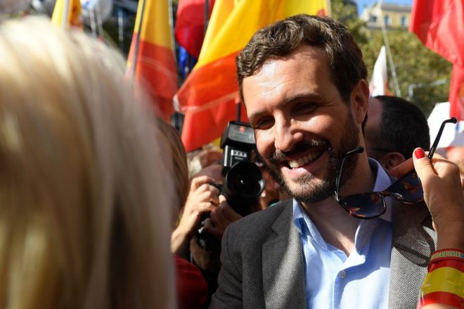 Pablo Casado is greeted by a supporter in Barcelona on October 27, 2019