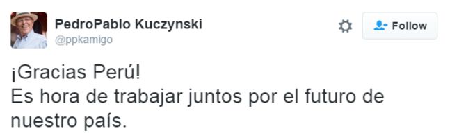 Педро Пабло Кучински благодарит Перу в Твиттере