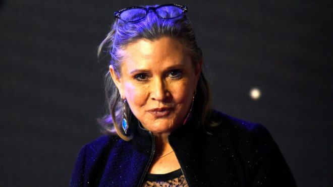 Actress Carrie Fisher arriving to the European premiere of the film "Star Wars: Episode VII - The Force Awakens" in Leicester Square in London