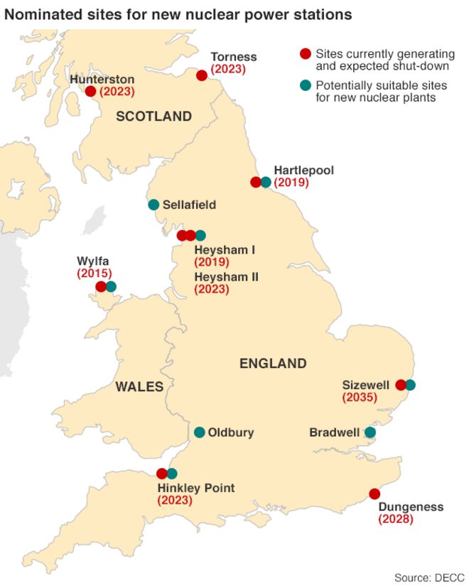 Графическое изображение местоположения существующих и предполагаемых атомных электростанций