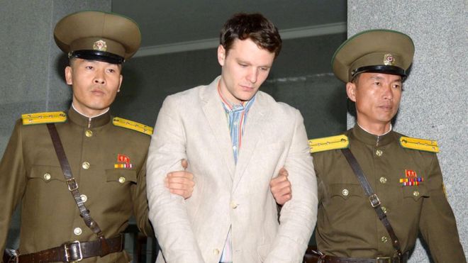 Otto Frederick Warmbier (C), a University of Virginia student who was detained in North Korea since early January, is taken to North Korea"s top court in Pyongyang, North Korea, in this photo released by Kyodo March 16, 2016.