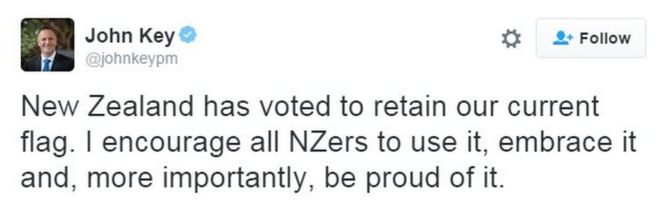 Новая Зеландия проголосовала за сохранение нашего нынешнего флага. Я призываю всех новозеландцев использовать его, принять его и, что более важно, гордиться им.