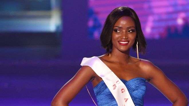 Miss Uganda Quiin Abenakyo walks on stage during the 68th Miss World contest final in Sanya, on the tropical Chinese island of Hainan on December 8, 2018.
