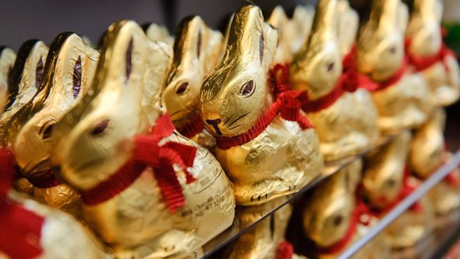 Ряды на рядах шоколадных кроликов Линдт в золотой оправе видны на этой фотографии