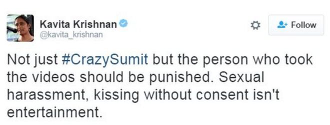 Не только #CrazySumit, но человек, который снял видео, должен быть наказан. Сексуальные домогательства, поцелуи без согласия не являются развлечением.