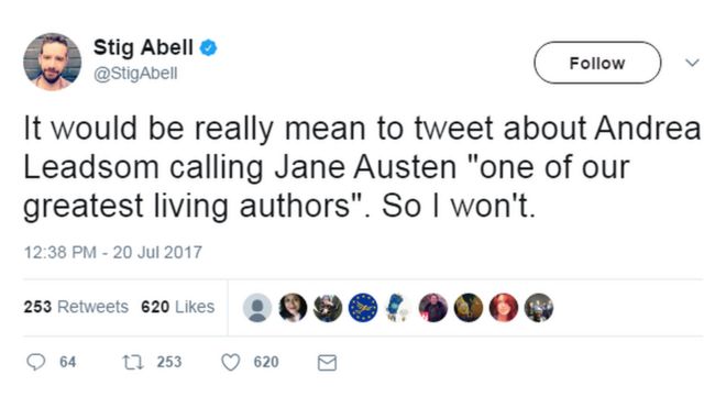 @StigAbell написал в Твиттере: «Было бы очень полезно, чтобы Андреа Лидсом назвала Джейн Остин« одним из наших величайших живых авторов ». Так что я не буду.