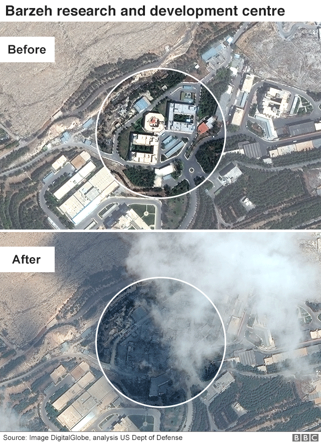 Аэрофотосъемки до и после удара исследовательского центра Barzeh в Дамаске, Сирия, демонстрирующие разрушение, 15 апреля 2018 года