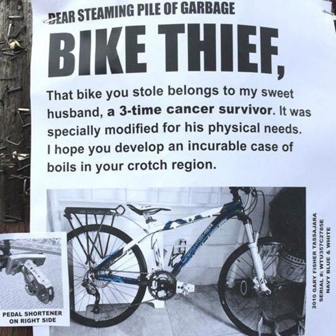Постер, сделанный Шеннон на имя велосипедного вора