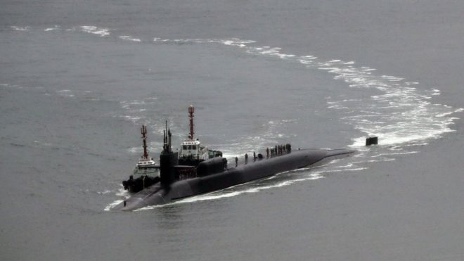 The USS Michigan, an Ohio-class nuclear-powered submarine, arrives at a naval base in Busan, South Korea, 25 April 2017