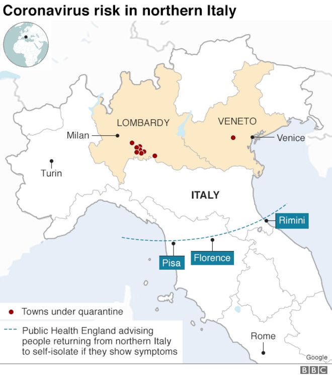 Карта, показывающая районы северной Италии, пострадавшие от коронавируса