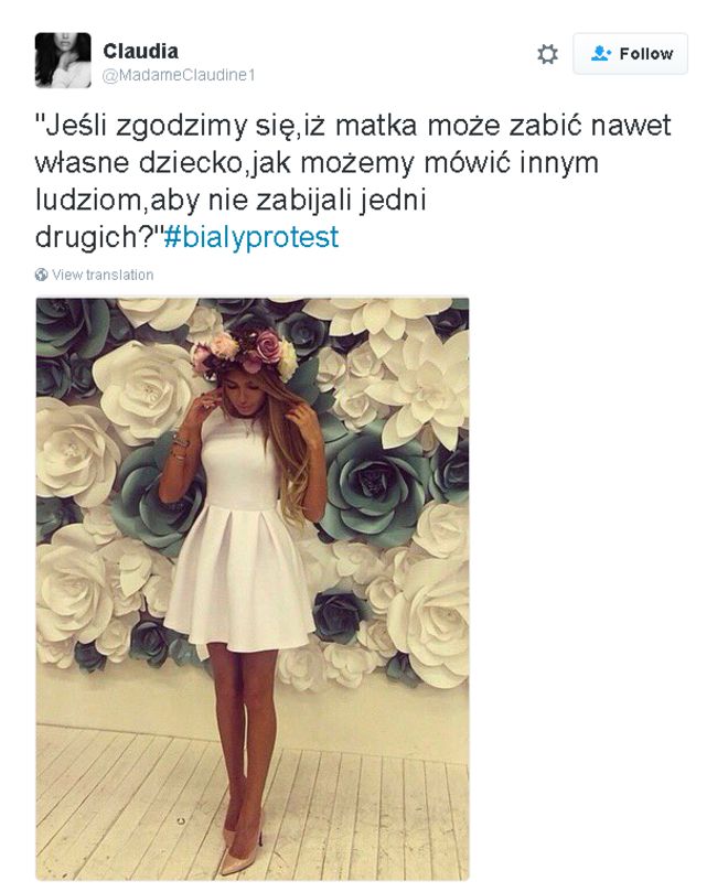 твит на польском языке, образ женщины в белом платье