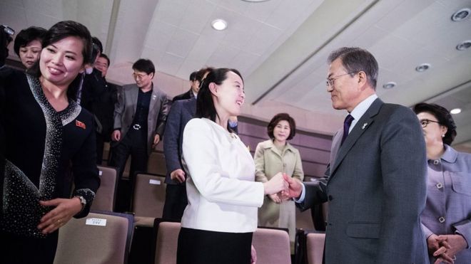 Ким Ё-чон, сестра северокорейского лидера Ким Чен Ына, встречается с президентом Южной Кореи Мун Чже-Ин