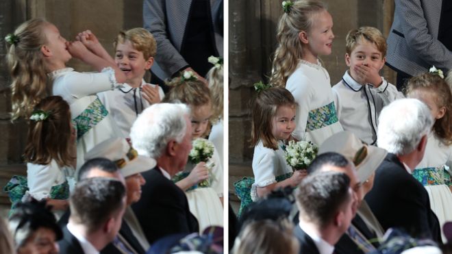 Подружки невесты и мальчики-подружки, в том числе принцесса Шарлотта из Кембриджа (слева), Саванна Филлипс (2 л) и принц Джордж из Кембриджа (3 л), ждут, чтобы принять участие в свадьбе принцессы Евгении Йоркской с Джеком Бруксбанком