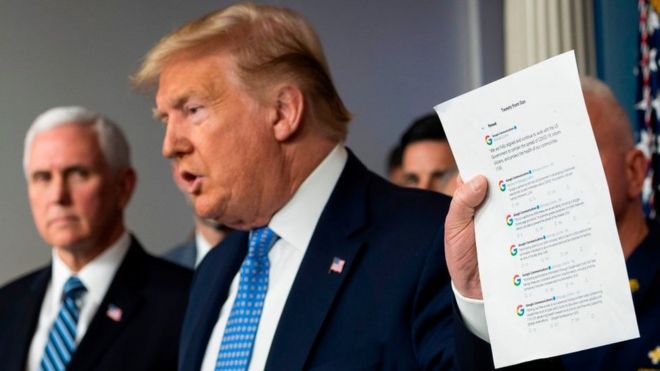 Donald Trump holding up printed sheet of Google tweets