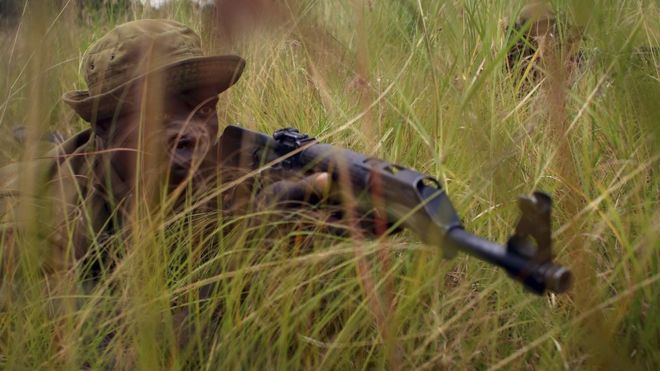 Конголезский смотритель парка занимает позицию в кустах во время боевого патрулирования в Национальном парке Вирунга в ДР Конго - 2006
