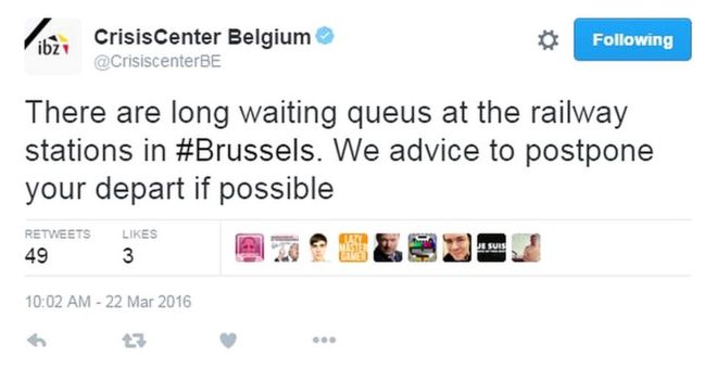 Кризисный центр в Бельгии: Твиты: на железнодорожных станциях в # Брюсселе стоят длинные очереди. Мы советуем отложить отъезд, если это возможно