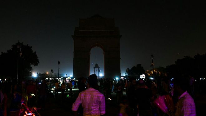 The landmark India Gate monument after the lights were switched off during the Earth Hour campaign in New Delhi.