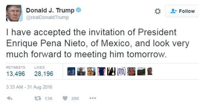 Tweet Дональда Трампа, подтверждающего его визит в Мексику.