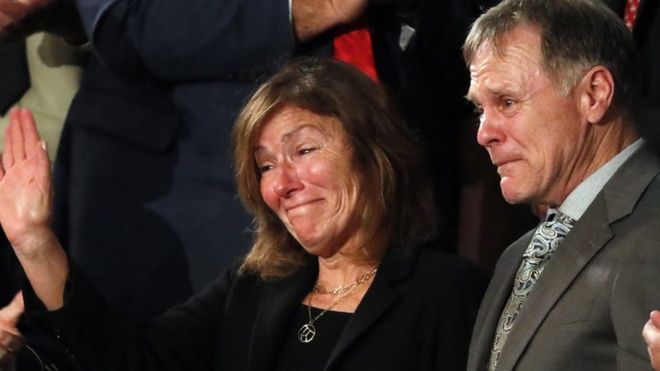 Otto Warmbier's parents wave to crowd at the State of the Union on 30 January 2018