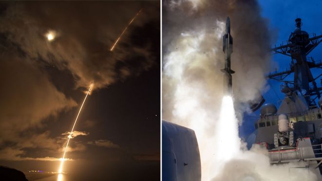 Слева: баллистическая ракета средней дальности, запущенная с испытательного полигона на Гавайях 29 августа 2017 года. / Справа: военный корабль США Джон Пол Джонс запускает ракету при испытании системы Aegis в июне 2014 года.