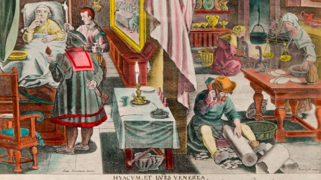Ilustração do século 17 com pessoa enferma