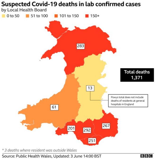 Карта, показывающая, где находятся смертельные случаи в Уэльсе
