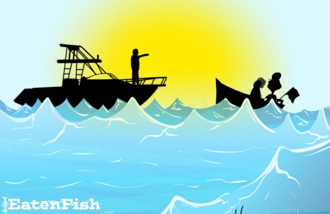 Рисунок, показывающий рыбацкую лодку просителей убежища, включая Али Дорани, под руководством австралийского флота