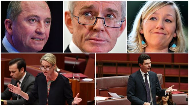 Пять австралийских депутатов (включая заместителя премьер-министра Барнаби Джойса, вверху слева) были дисквалифицированы из парламента из-за двойного гражданства