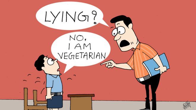 Карикатура: Учитель спрашивает «врать?», Ученик отвечает: «Нет, я вегетарианец».
