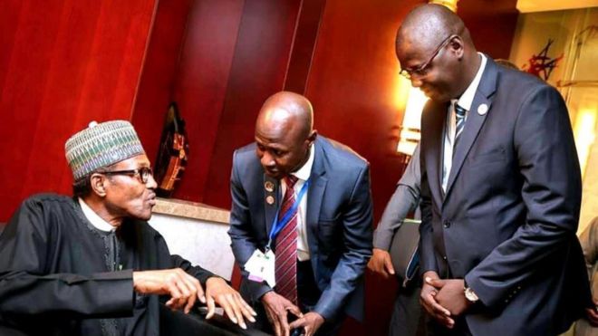 President Buhari wan Ibrahim Magu to become di main Chairman for EFCC but Nigerian Senate never give approval.