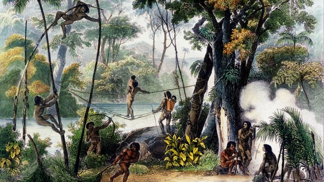 Pintura de Rugendas, em 1835, retratando uma comunidade indÃgena na selva