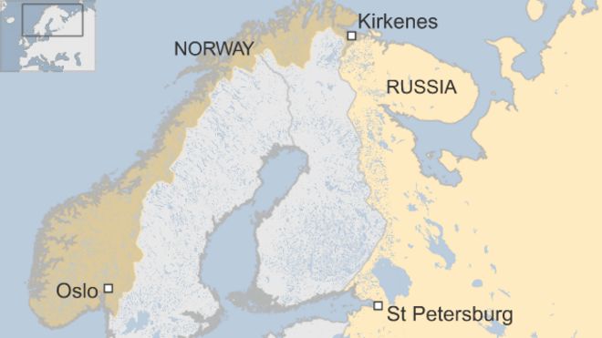 Карта с указанием расположения Киркенеса, Осло и Санкт-Петербурга